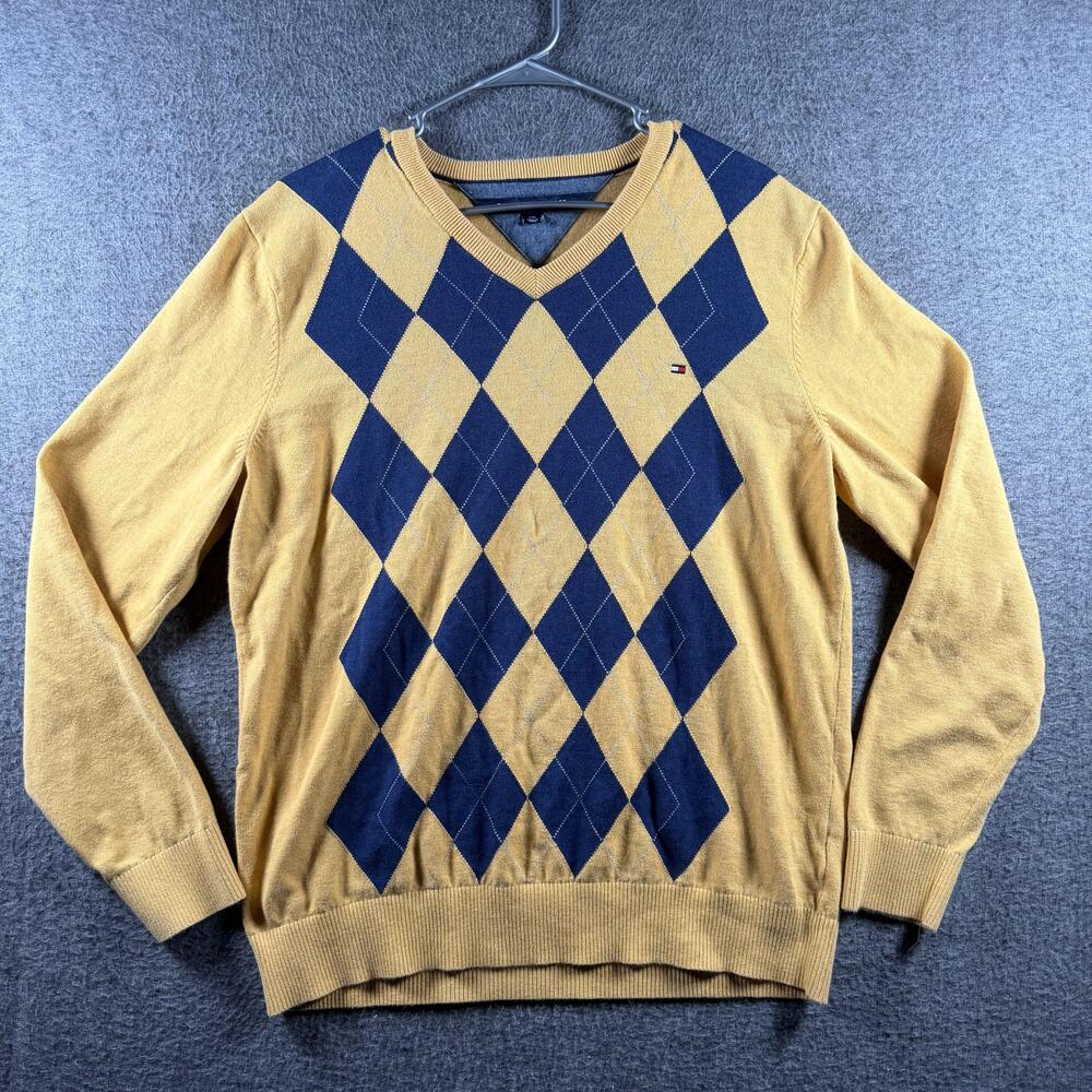 Tommy Hilfiger Sweater Mens Large Yellow Navy Argyle V Neck Preppy Pullover